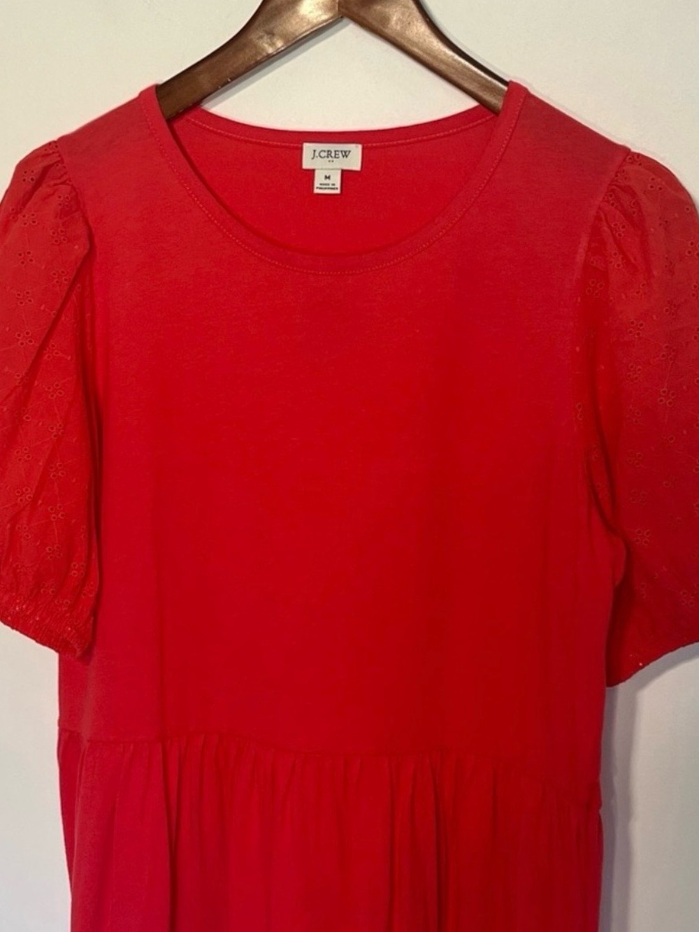 J. Crew “Fit and Flare” Bright Coral-Red Midi Dress with Puff Sleeves | Medium - Picture 3 of 7